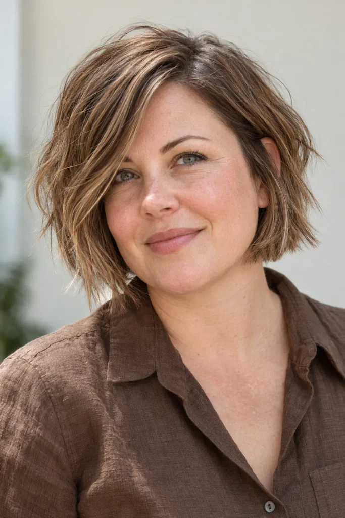 Real adult white woman in her late 30s with a round face wearing a chic choppy jaw-length bob with textured uneven ends, slightly longer front sections, and an off-center part, styled with natural movement. She wears a brown linen blouse in soft summer daylight against a neutral background.
