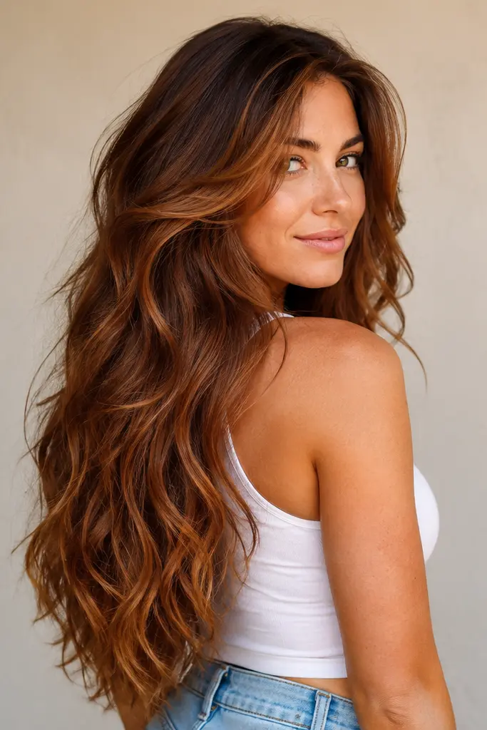 Real adult white woman with very long thick cinnamon-brown hair in layered waves, featuring warm copper and reddish-golden highlights, viewed from the rear while looking toward the camera.
