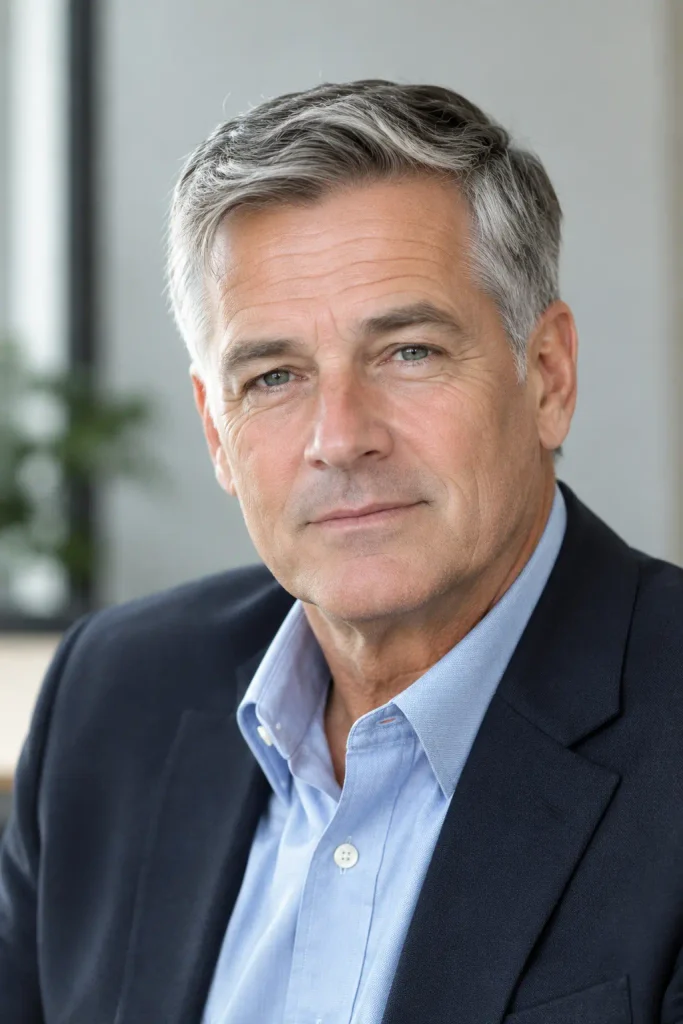 Older white man with salt-and-pepper hair styled in a classic business haircut with a neat side part and tapered sides, wearing a professional blazer.
