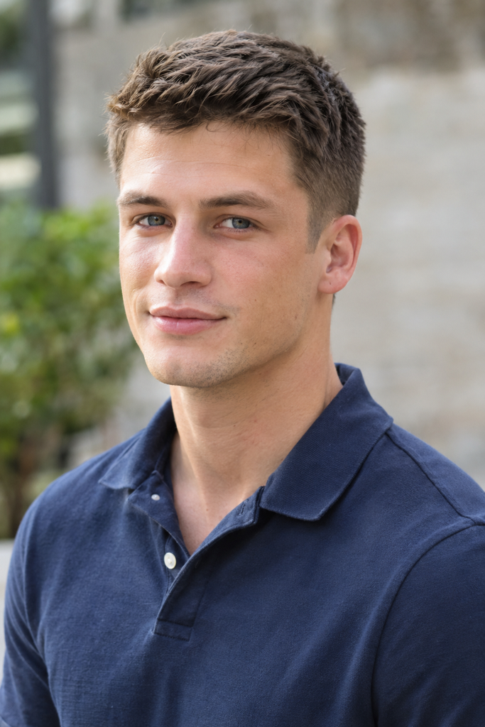 Young white man with a classic crew cut featuring short tapered sides and a neatly textured top, wearing a navy polo shirt in a natural outdoor setting.