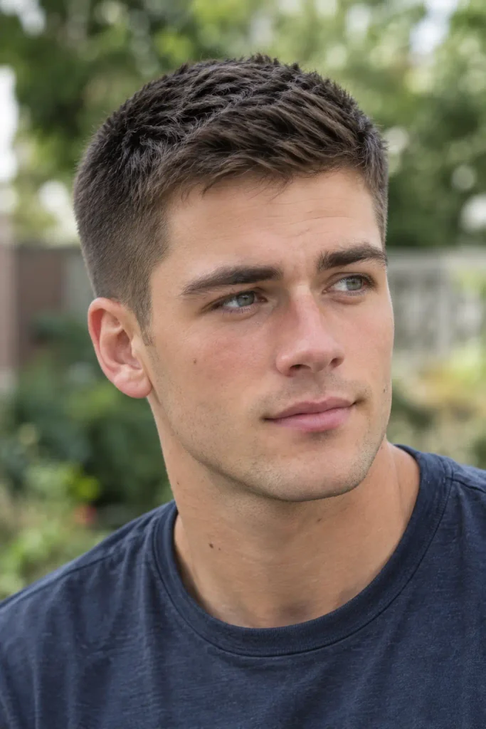 young white man with a classic crew cut Short Haircuts for Men, short dark brown hair, neatly tapered sides, and textured top, photographed outdoors in natural daylight.