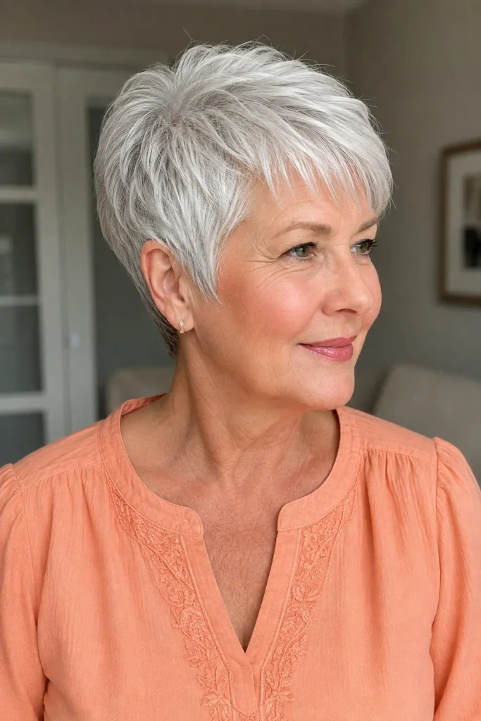 a real white woman in her mid-60s with fine silver-white hair styled in a classic short crop with a soft textured fringe, neat sides, tapered back, and gently lifted crown, wearing a peach Western-style outfit indoors in natural daylight.
