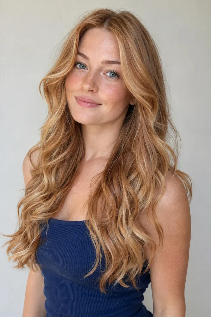 Young woman with long golden strawberry-blonde hair featuring warm honey and subtle copper highlights, styled in soft natural waves.