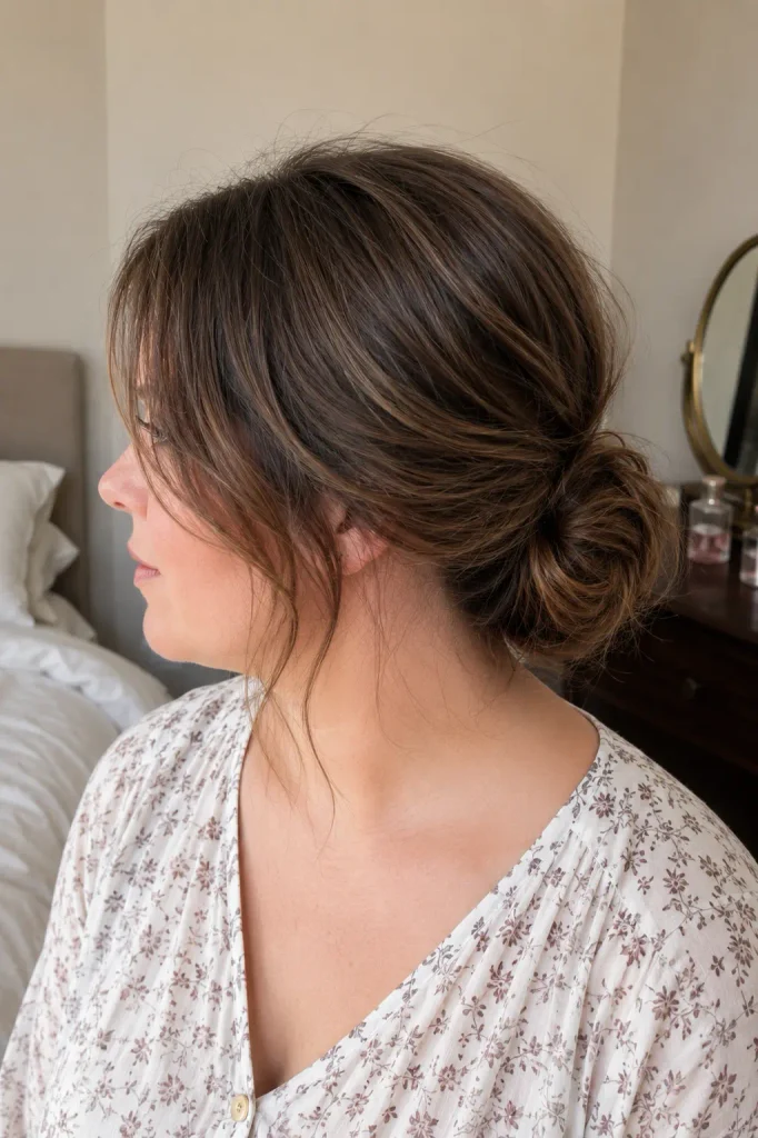 white woman with a round face wearing a soft low chignon hairstyle on medium-length brown hair, featuring subtle crown volume, loose face-framing strands, and natural hair texture in a softly lit bedroom.