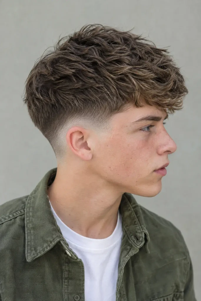 teenage boy with a classic low fade haircuts for boys, featuring neatly blended low sides, naturally textured medium-length brown hair on top, and a clean neckline, wearing an olive-green overshirt over a white T-shirt.