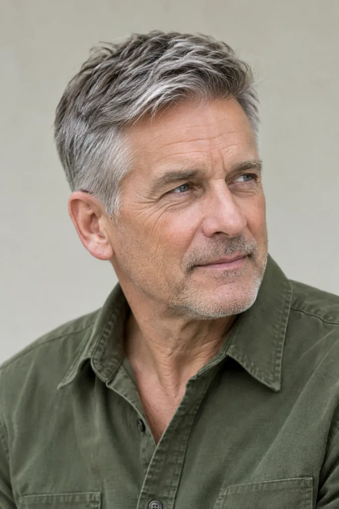 Classic scissor cut with neatly shaped silver-gray hair, softly tapered sides, and a naturally textured top on an older man.