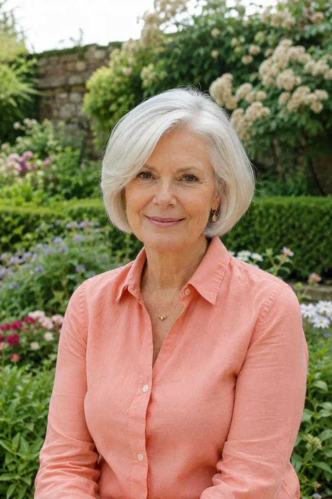 white woman in her mid-60s with fine silver hair styled in a classic short bob with a defined side part, softly curved ends, and subtle crown lift, wearing a peach blouse and delicate jewelry in an English garden.