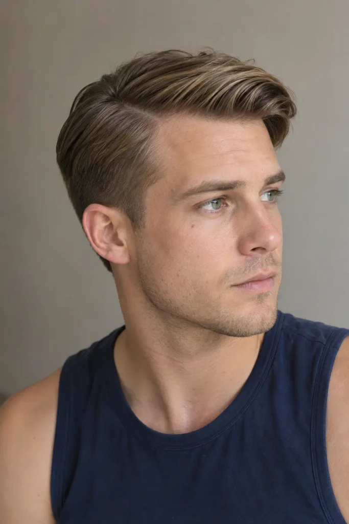 Classic side part hairstyle on a young man with dark-blond hair, medium tapered sides, and natural texture in a realistic portrait.
