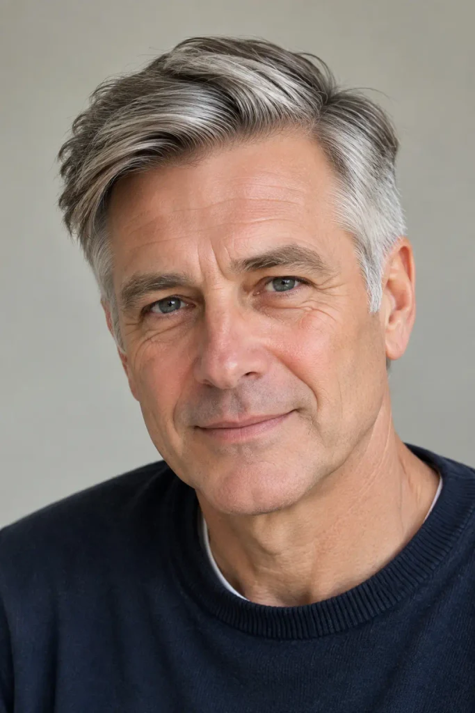 Older white man with a classic side-part haircut featuring natural silver and salt-and-pepper hair, neatly tapered sides, and textured hair swept to one side, showing realistic mature facial features and a relaxed expression in a close portrait.