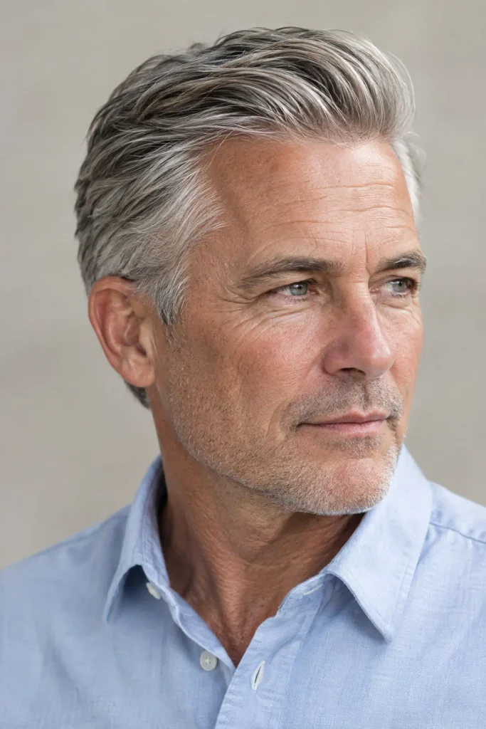 older white man with natural silver-gray hair styled in a short classic pompadour, featuring controlled volume swept upward and backward, neatly tapered sides, and realistic textured strands, wearing a green collared shirt against a neutral background.