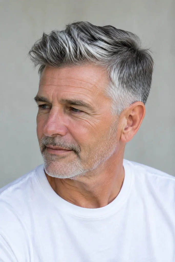 Older man with a salt-and-pepper traditional taper haircut and textured top.