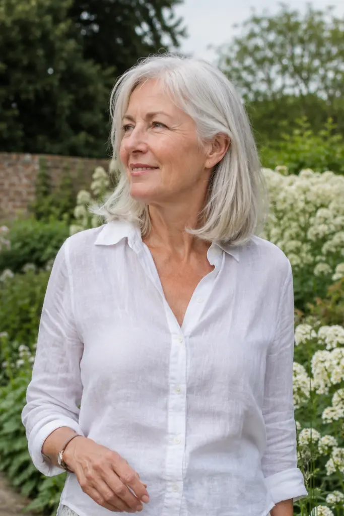 A 67-year-old white woman with fine silver-gray collarbone-length hair, subtle long layers, and clean natural ends, standing in a beautiful English garden in soft daylight.