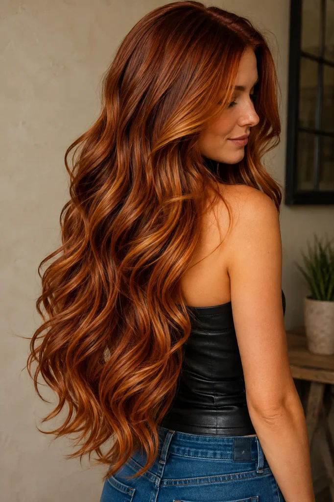 Long copper-red balayage waves on a woman, featuring rich auburn, ginger, and golden-copper tones in a warm indoor setting.