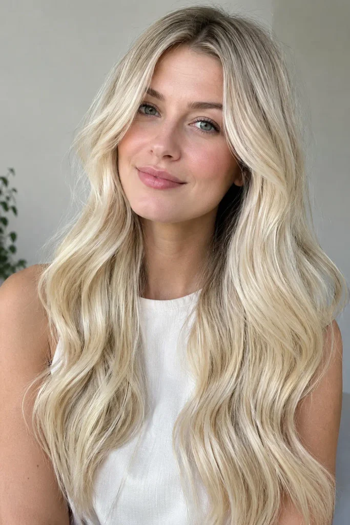 Young woman with long creamy ivory blonde hair, subtle shadow roots, and soft loose waves, wearing a simple sleeveless blouse in natural daylight.