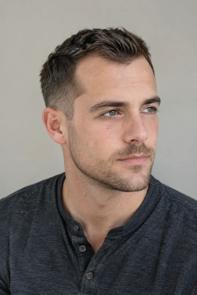 Real white man around 29 with a textured crew cut, naturally receding hairline, short tapered sides, and realistic hair texture, wearing a charcoal henley shirt in a natural three-quarter portrait.