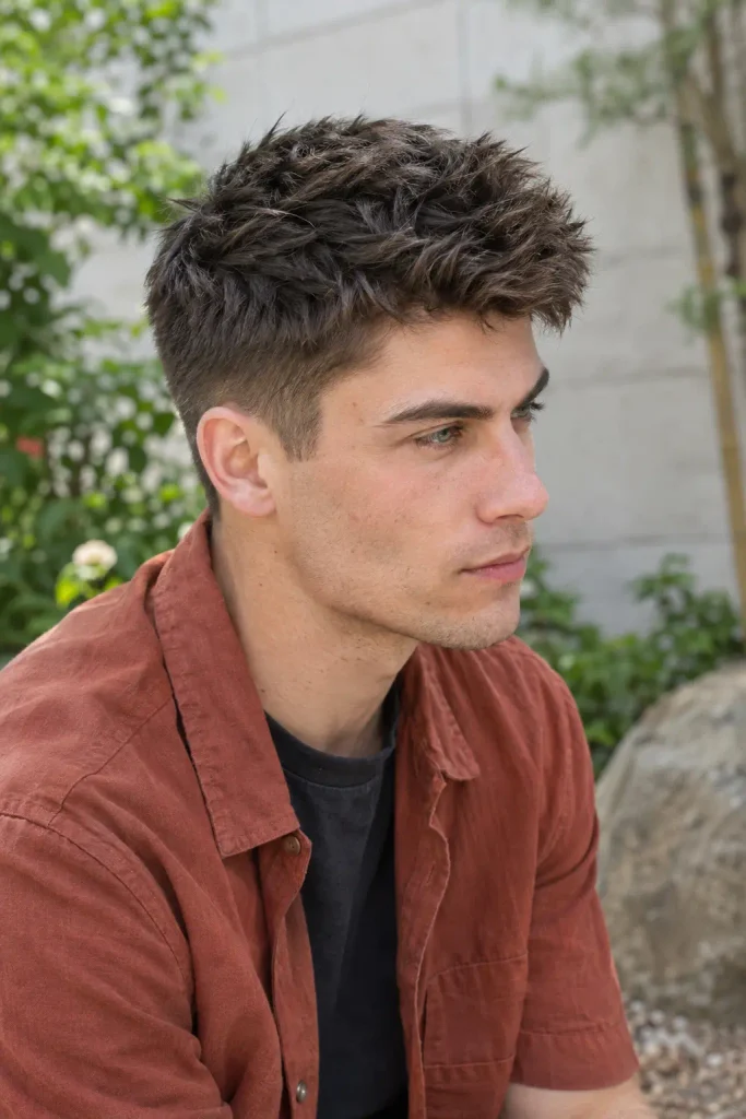 young man with a dense textured crew cut, thick natural hair, and short tapered sides wearing a rust-red overshirt outdoors in natural daylight.