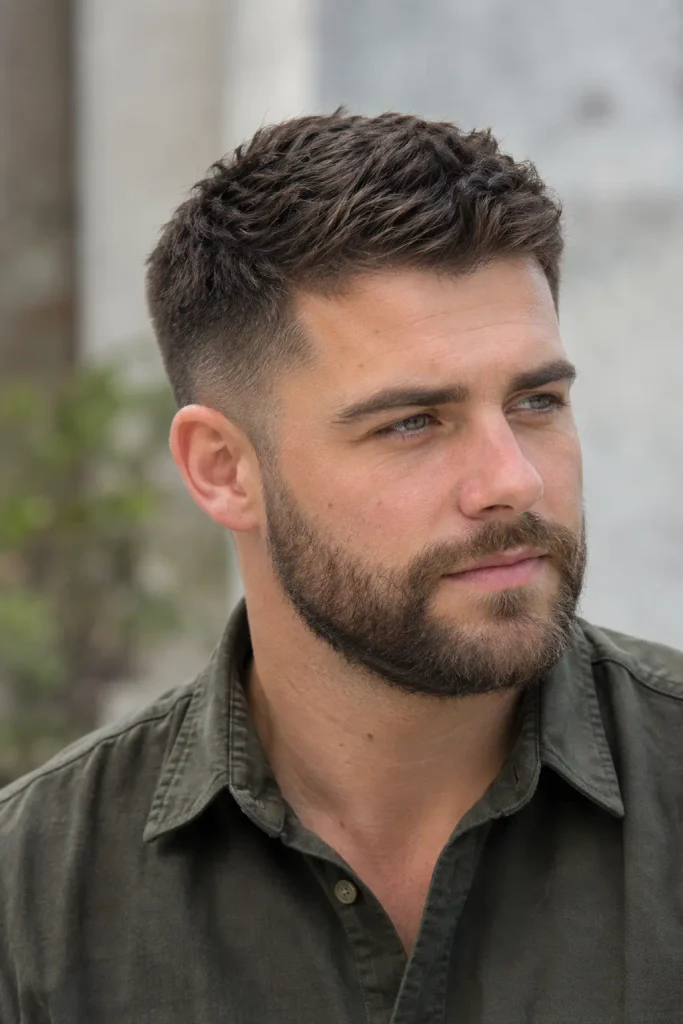 Young white man with a classic textured crew cut, clean tapered sides, and neatly groomed medium-length beard wearing a dark olive shirt outdoors