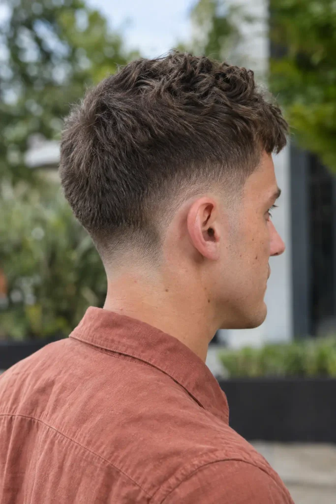 Young white man with a textured crew cut and distinctive burst fade around the ear, photographed from a three-quarter rear-side angle outdoors in natural daylight.