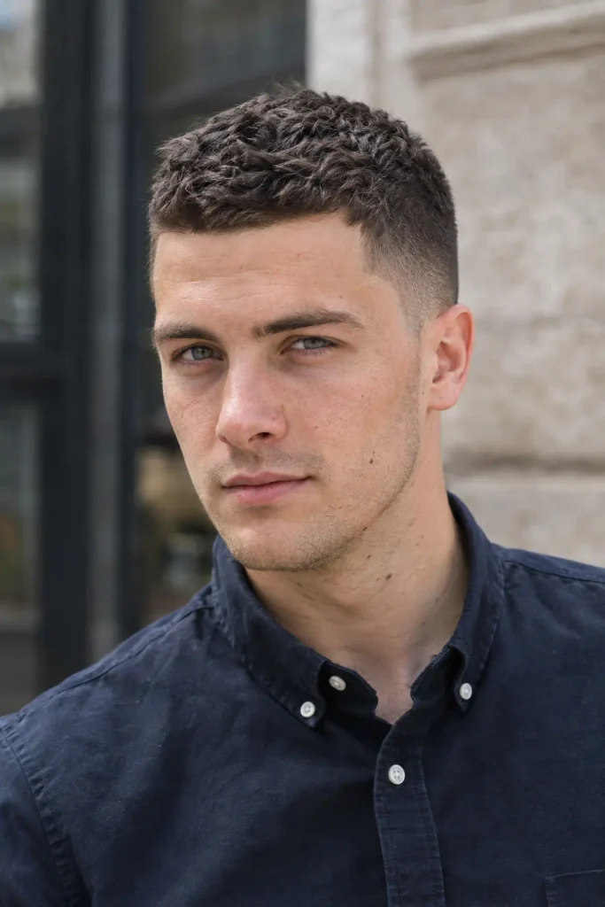 young white man with a textured crew cut, clean natural hairline, short faded sides, and dark navy button-up shirt in an urban setting.