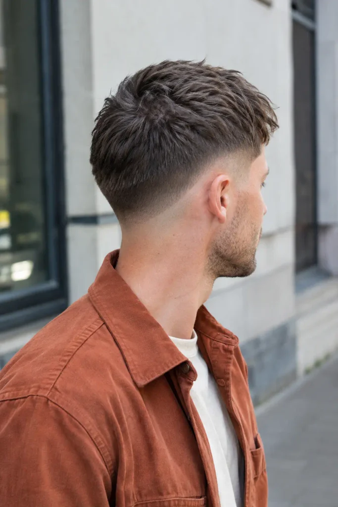 young man with a textured crew cut and curved drop fade, photographed from a three-quarter rear-side angle in a casual street setting.
