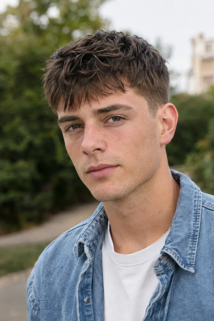young white man with a short textured crew cut and natural fringe, wearing a white T-shirt and faded blue denim overshirt outdoors.