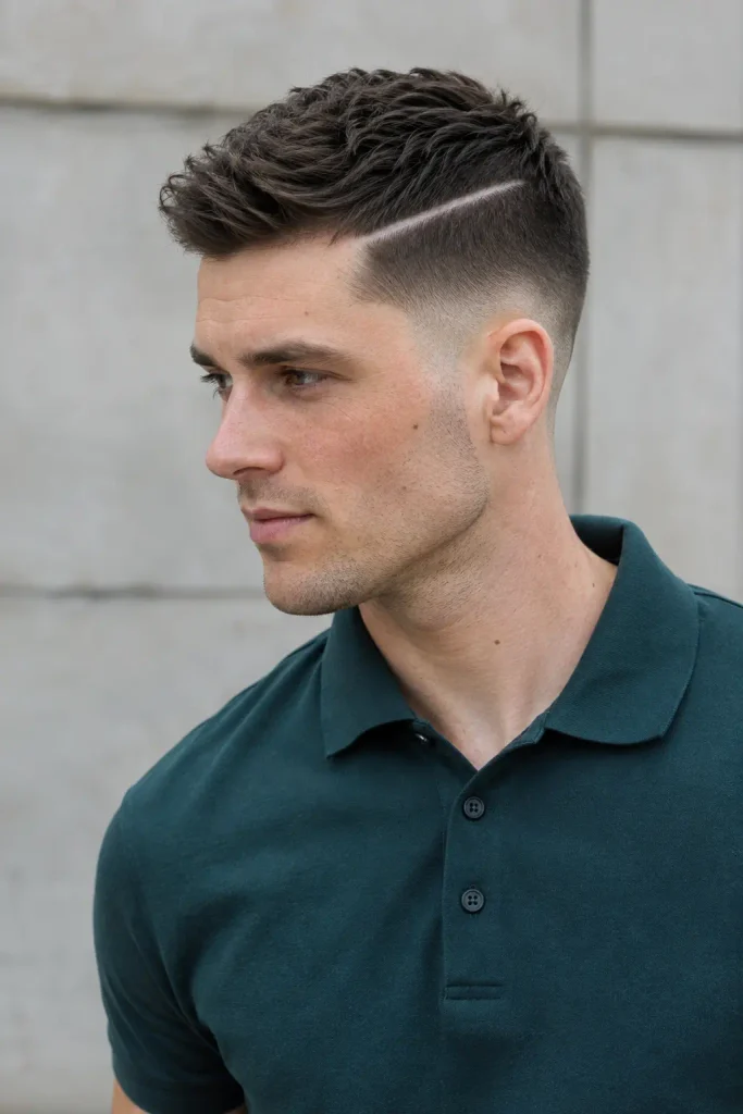 Young white man with a modern crew cut featuring a shaved hard part, textured dark hair, and faded sides, wearing a dark teal polo shirt in a natural architectural setting.