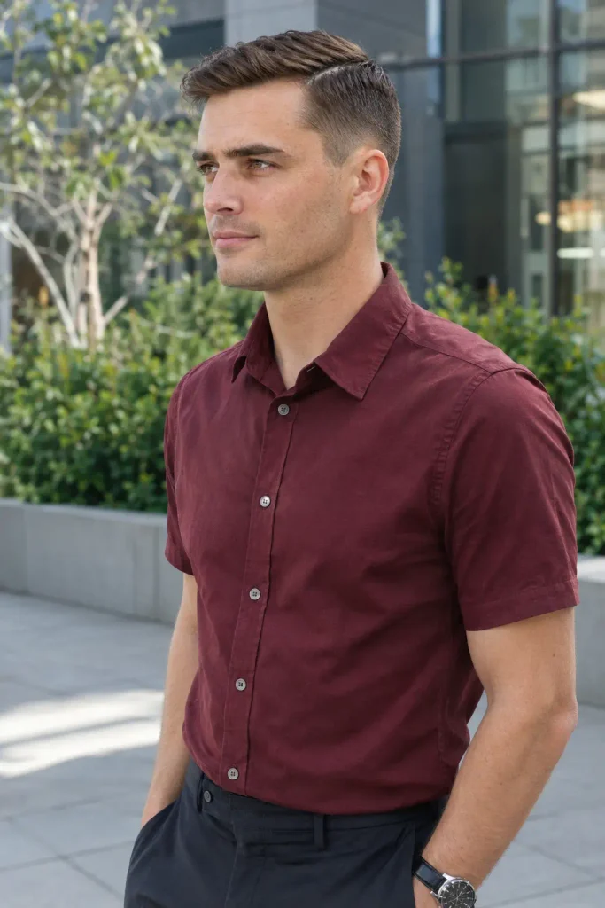 Photorealistic young man with a refined side-part crew cut, short tapered sides, and neatly brushed top, wearing a burgundy button-up shirt in a modern office courtyard.