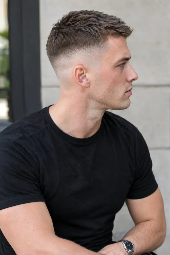 young man with a textured crew cut and precise skin fade, shown in side profile wearing a black T-shirt outdoors.