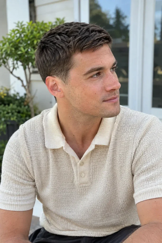 Young white man wearing a cream knit polo with a traditional crew cut featuring softly tapered sides and neckline, photographed outdoors in natural daylight.