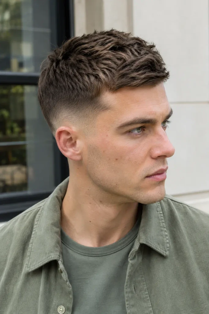 young white man with a textured crew cut and detailed temple fade wearing a sage-green T-shirt and casual overshirt, photographed outdoors in natural light.