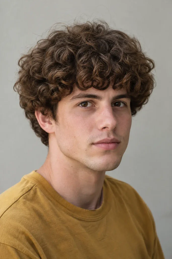 Young white man with naturally curly medium brown hair styled in a rounded curly bowl cut, photographed in three-quarter view wearing a mustard shirt.