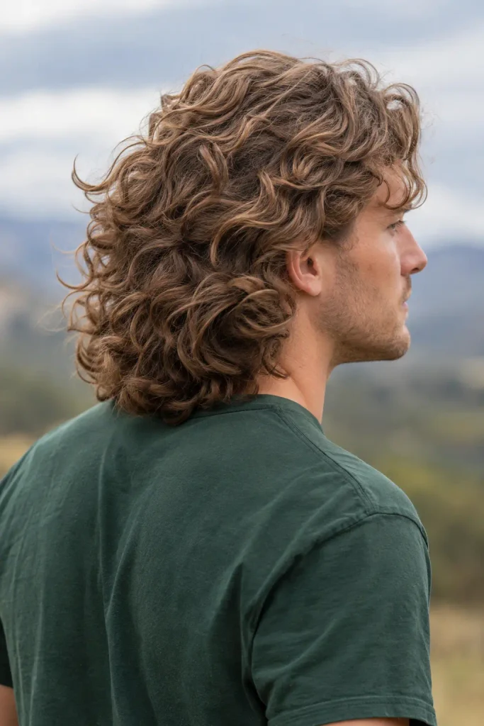 white man with medium-to-long light brown curly bro flow hairstyle, viewed from a three-quarter back angle outdoors, wearing a forest-green shirt.