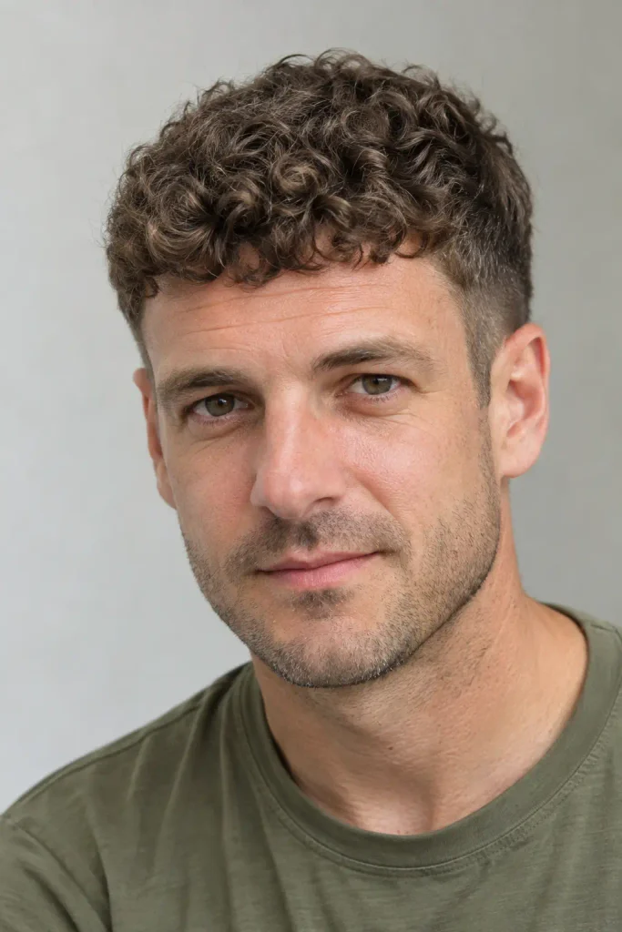 white man with short textured curly Caesar haircut, medium brown curls, forward fringe, and subtle tapered sides.