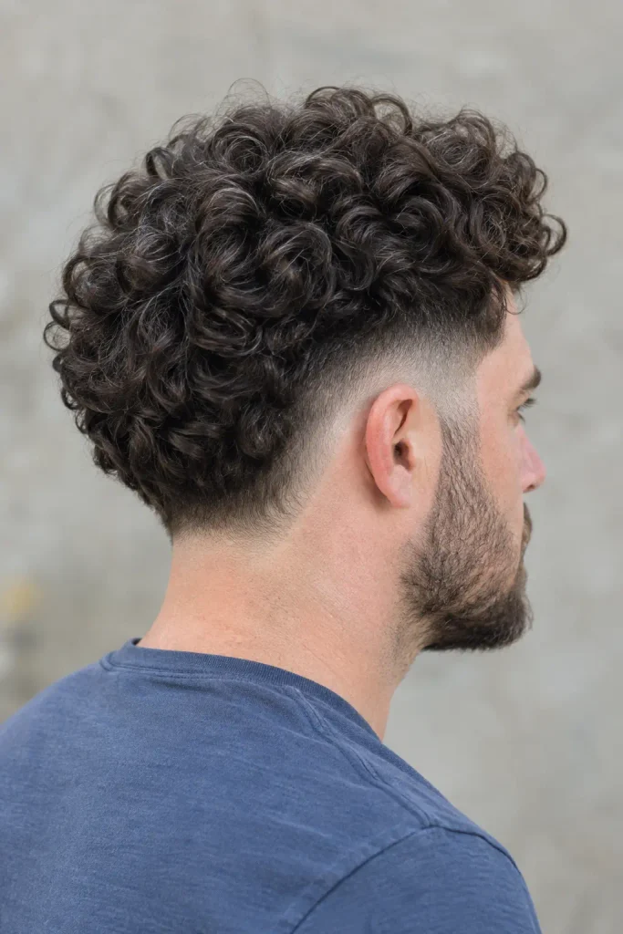 white man with dense dark brown curly hair styled in a precise curly drop fade, shown from a side-rear angle in a slate-blue shirt.