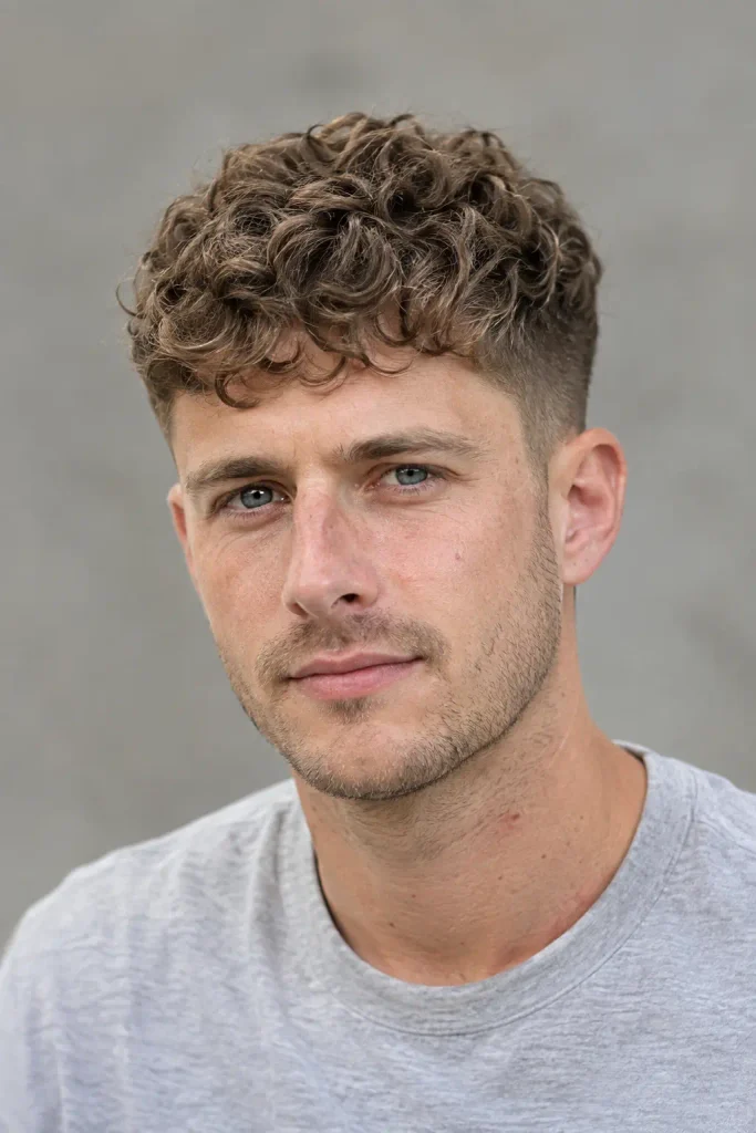 white man with short dark blonde curly French crop haircut, textured curls, short forward fringe, and tapered sides.