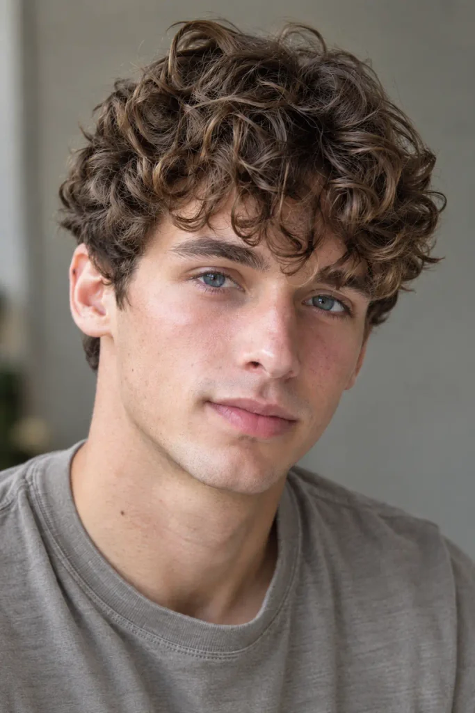 young white man with medium-length naturally curly brown hair, soft curly fringe, defined curls, and gently tapered sides, shown in a close three-quarter portrait with realistic skin texture and a casual neutral shirt.