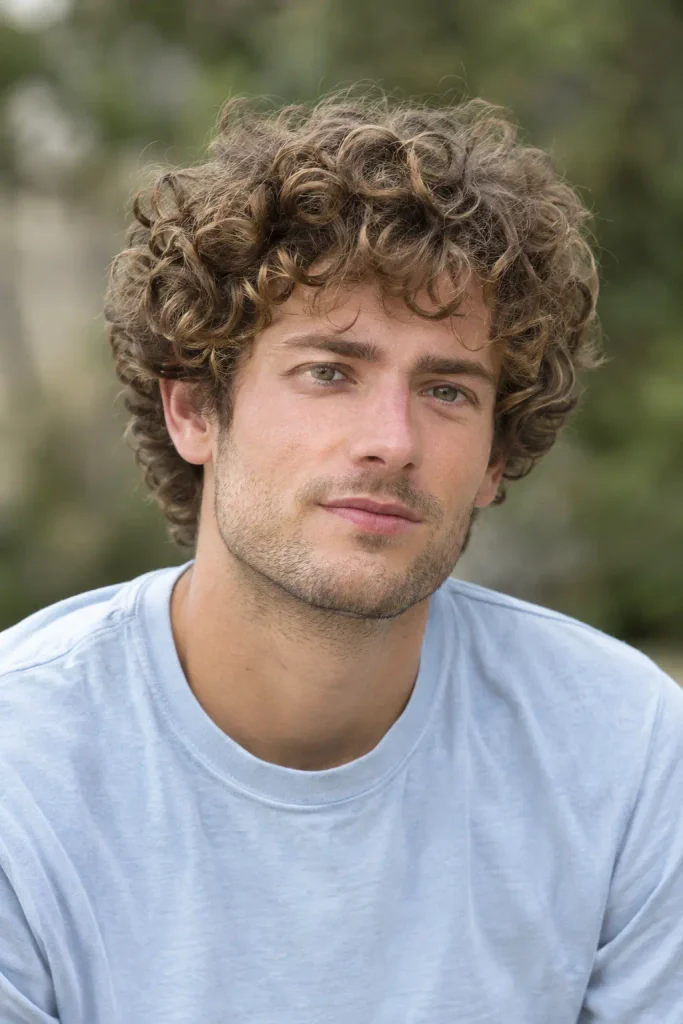 white man with thick, naturally curly dark blonde medium-length hair and abundant volume, wearing a pale blue T-shirt outdoors.