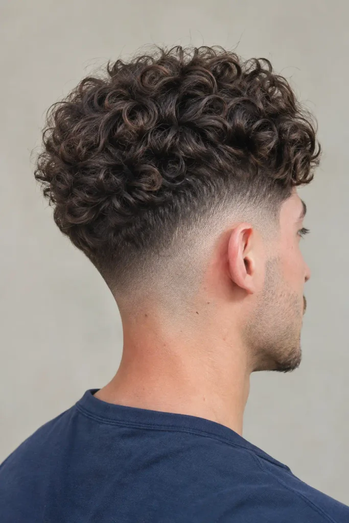 white man with thick dark chestnut curly hair styled in a high fade, showing defined curls and clean faded sides in a close-up rear-side view.