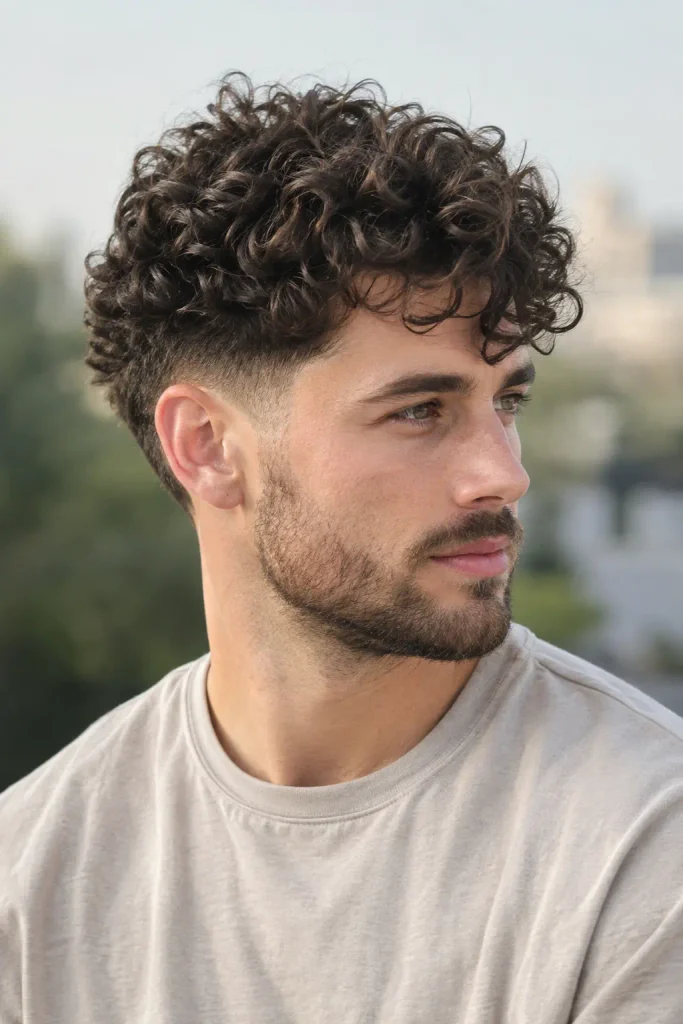 Young white man with thick dark brown curly hair styled in a curly low fade with a clean taper around the ears and neckline.