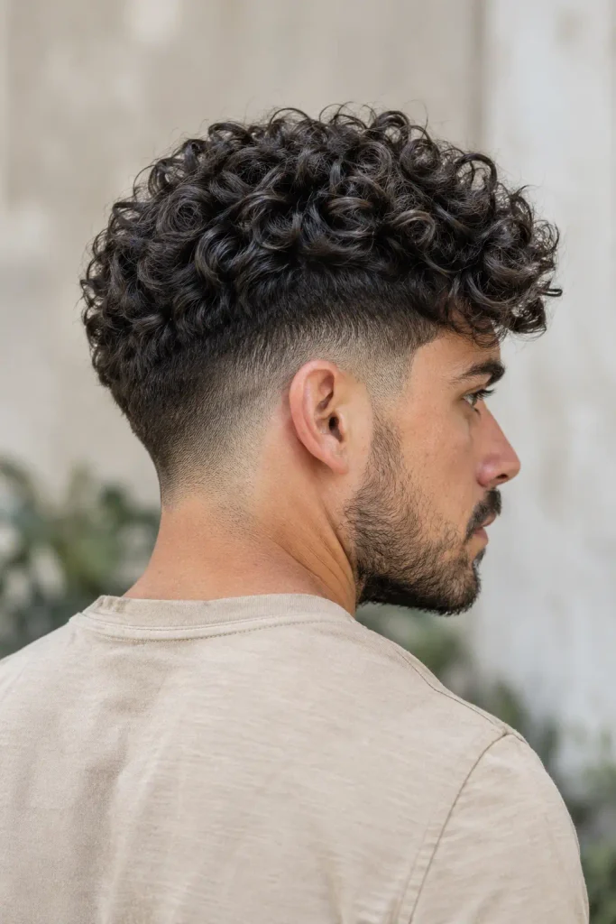white man around 30 with thick black-brown curly hair styled in a modern curly mid fade, showing defined curls on top and a clean faded side in a three-quarter-back portrait.