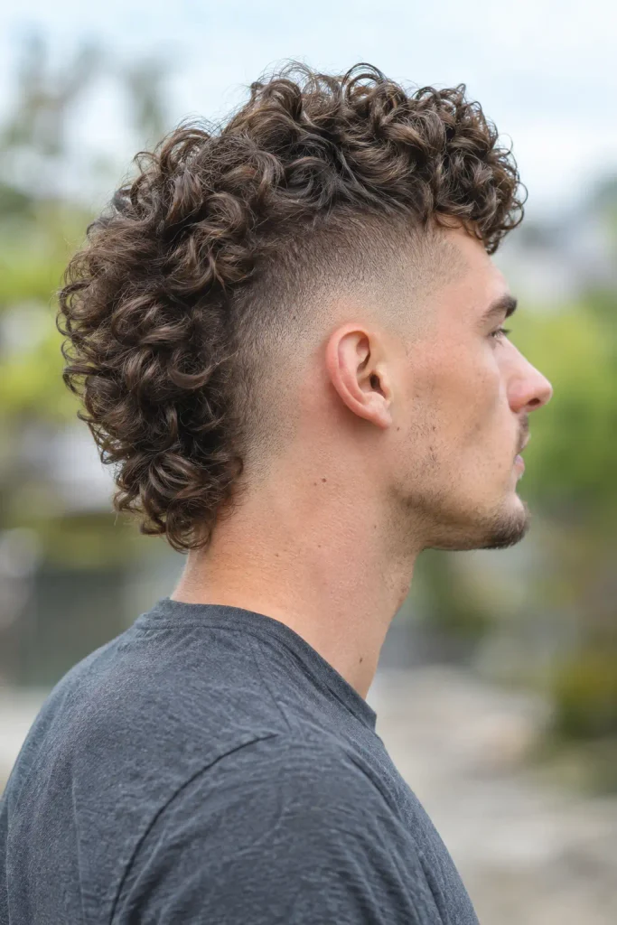 young white man with medium brown curly mohawk fade, voluminous curls on top, closely faded sides, shown in side profile outdoors.