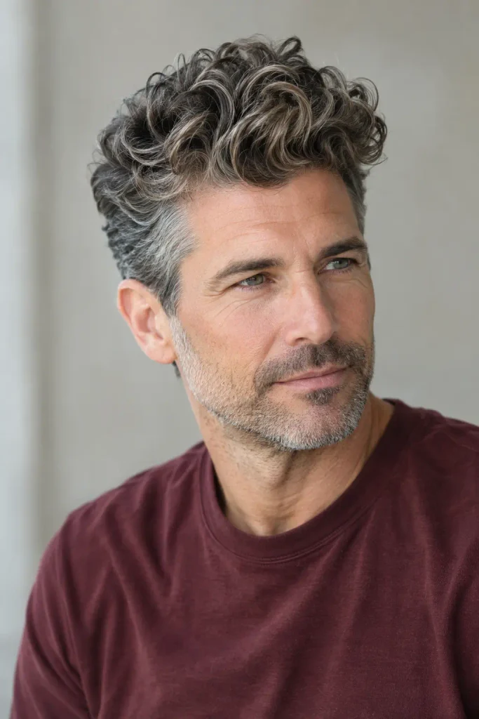 42-year-old white man with thick salt-and-pepper curly pompadour hairstyle, lifted textured curls, tapered sides, and natural facial features, wearing a burgundy shirt.