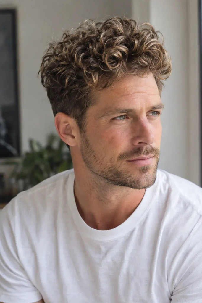 Photorealistic white man in his 30s with medium-length dark blonde curly hair styled in a naturally elevated curly quiff, wearing a white T-shirt indoors

