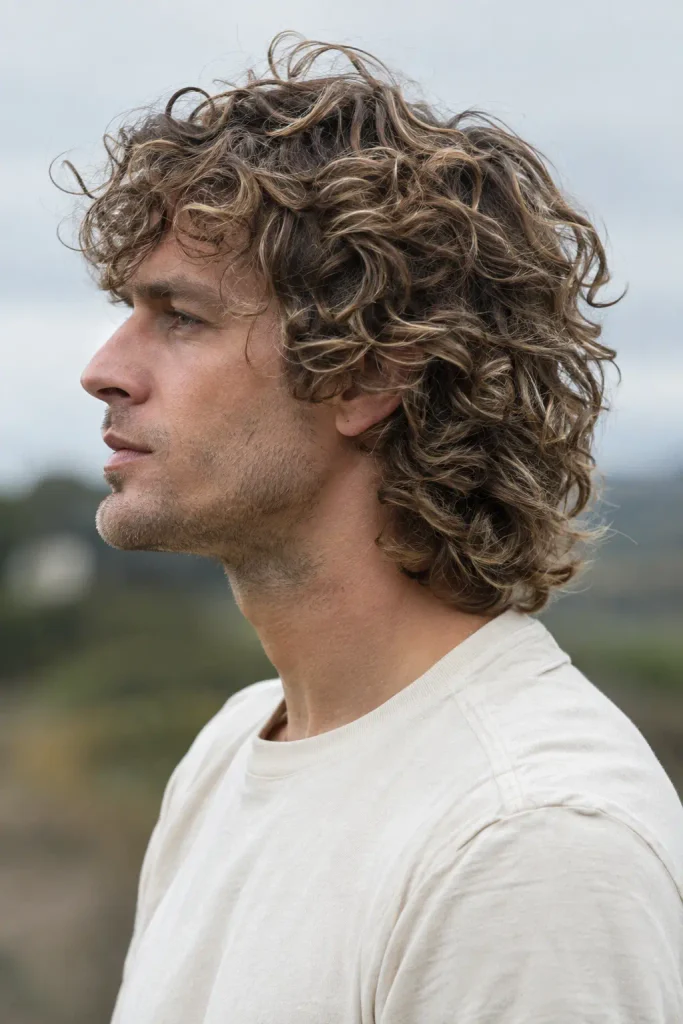 white man with medium-length dark blonde curly shag haircut, visible layered curls and natural texture, shown in side profile outdoors.