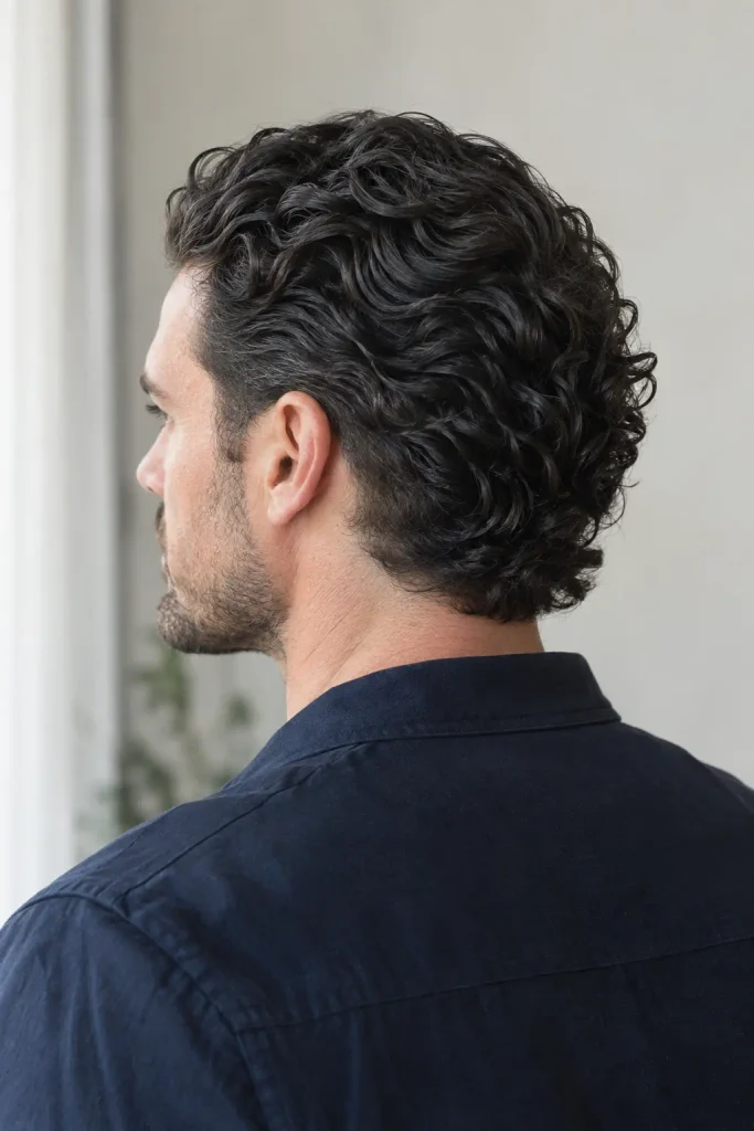 white man with medium-length black curly hair styled in a controlled slick-back with tapered sides, viewed from the side and back.
