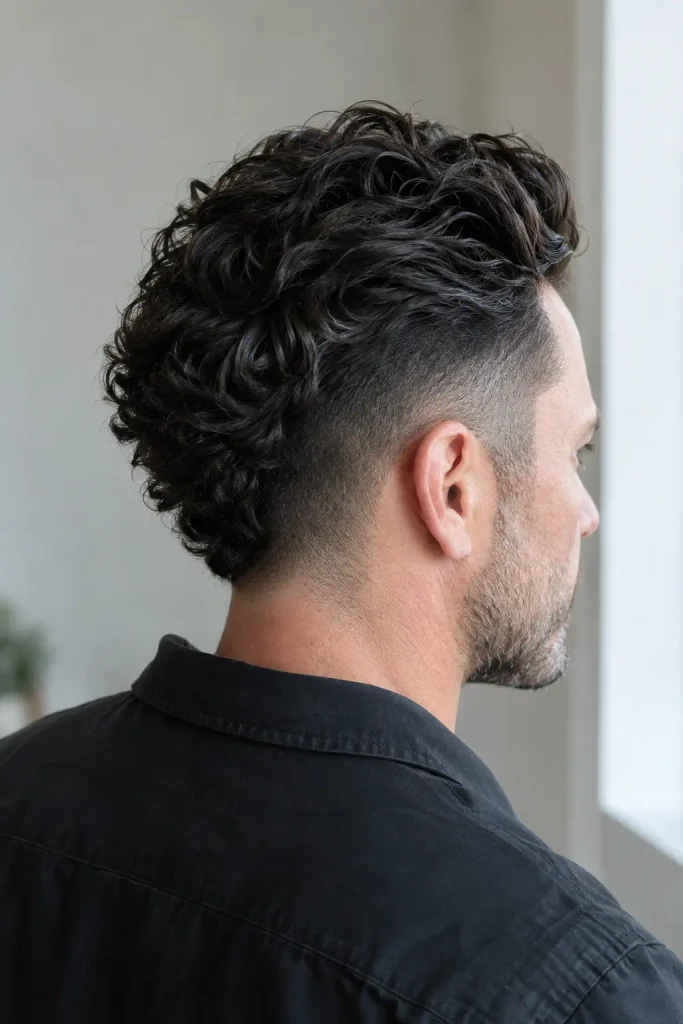 man with thick black curly hair styled backward over a sharply defined undercut, showing textured curls, short clipped sides, and natural hair detail in a side-rear portrait.