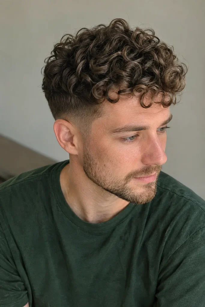 white man with dense medium brown curly hair styled in a precise curly taper fade, featuring fuller defined curls on top and softly tapered sides.
