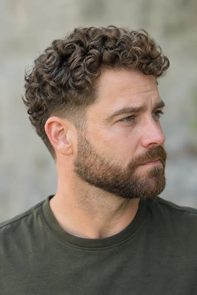 Photorealistic white man with medium brown curly hair styled in a clean curly taper and a neatly groomed short beard, shown in a close-up three-quarter portrait.

