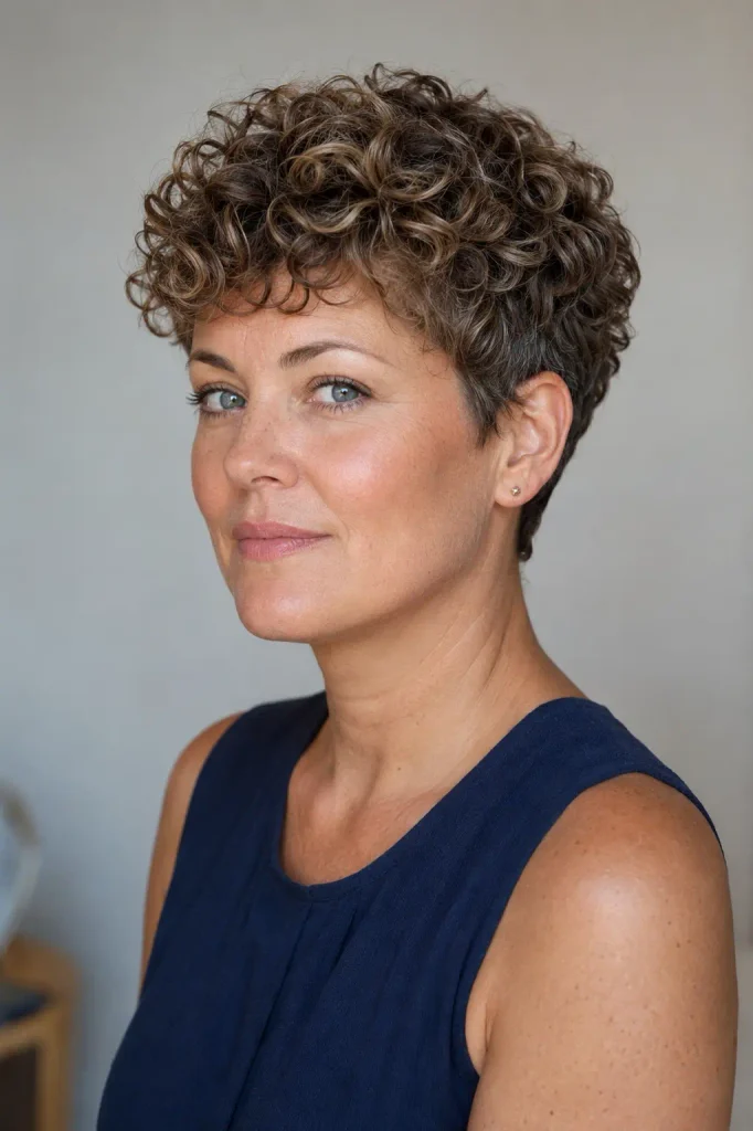 adult white woman in her early 40s with a round face wearing a curly tapered pixie haircut, featuring short tapered sides and nape, defined natural curls, and soft crown volume, styled with a sleeveless navy summer top against a neutral background.