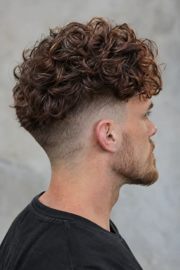 white man with dark auburn curly hair styled in a modern undercut, featuring long defined curls on top and closely clipped sides, shown from a side-rear angle.